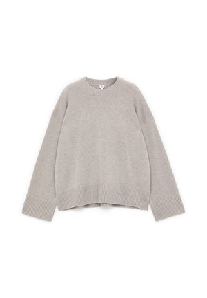 Gray knitted sweater with a crew neck, dropped shoulders, and ribbed cuffs and hem. Features a relaxed fit and soft texture.