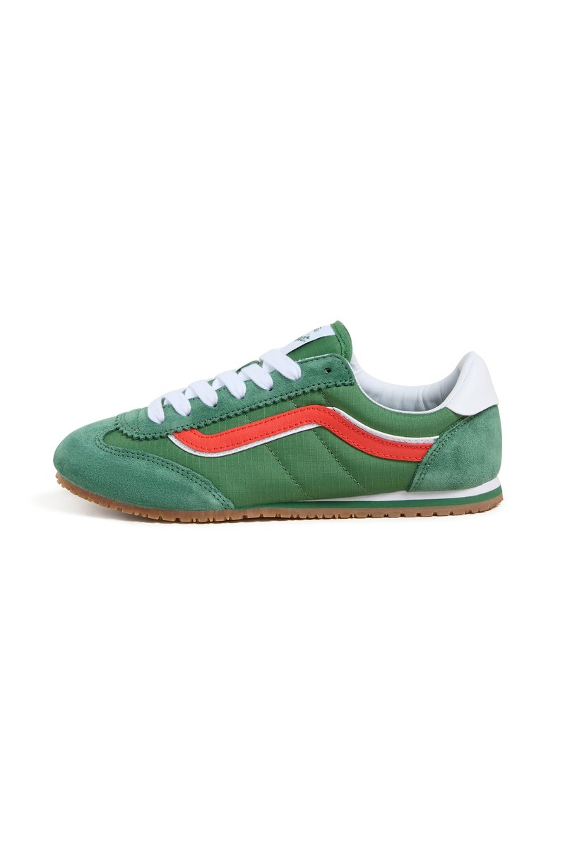Green and white sneaker with a retro design, featuring a mint green upper, red side stripes, and a gum rubber sole.