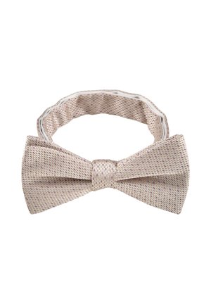 Beige strukturierte Fliege mit dezentem rosa und goldenem gewebtem Muster, verstellbarer Nackenriemen flach auf weißem Hintergrund liegend.