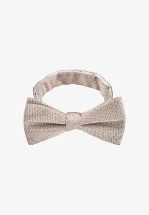 Nœud papillon beige texturé avec un motif tissé subtil rose et or, sangle de cou réglable posée à plat sur fond blanc.