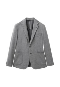 Szary wełniany blezer o fakturowanej tkaninie, z klapami z wycięciem, dwoma przednimi kieszeniami oraz zapięciem na guziki. Zawiera subtelną podszewkę wewnętrzną.