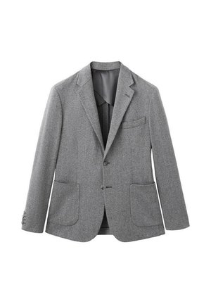 Grauer Wollblazer mit strukturierter Stoffoberfläche, Notch-Revers, zwei Fronttaschen und Knopfverschluss. Enthält ein dezentes Innenfutter.