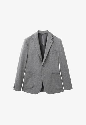 Grauer Wollblazer mit strukturierter Stoffoberfläche, Notch-Revers, zwei Fronttaschen und Knopfverschluss. Enthält ein dezentes Innenfutter.
