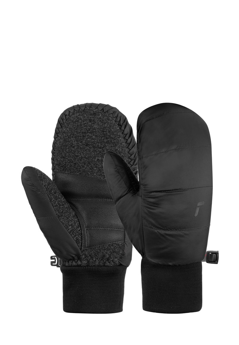 Moufles noires isolées avec un extérieur en tissu texturé, doublure lisse, poignet élastique et une petite sangle pour un maintien sécurisé.