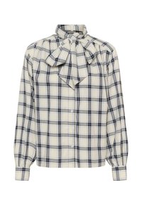 Blouse à carreaux en crème, bleu et gris. Dotée d'un col noué en forme de nœud, d'une patte de boutonnage à l'avant et de manches longues avec poignets ajustés. Texture de tissu tissé.