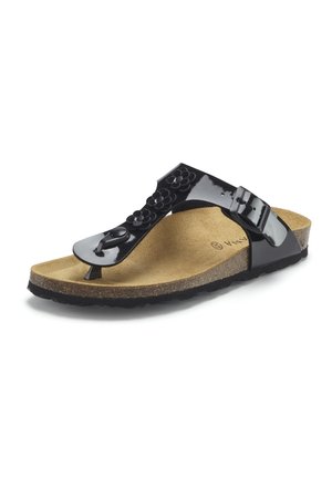 Black glossy women's thong sandal with decorative flowers, adjustable buckle strap, cork footbed, and textured rubber sole.