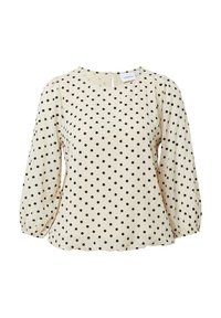 Cremfarbene Bluse mit schwarzen Punkten, runder Halslinie, Puffärmeln und einem Schlitzknopfdetail am Rücken. Glatter, leichter Stoff.