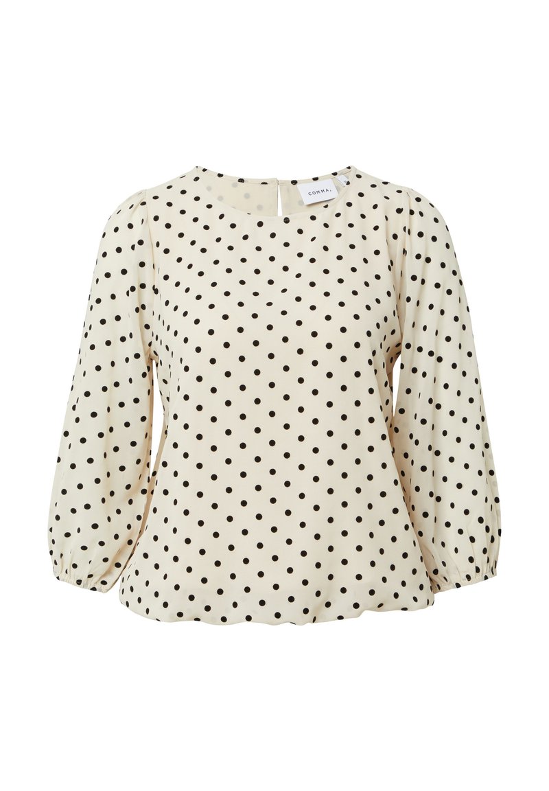 Cremfarbene Bluse mit schwarzen Punkten, runder Halslinie, Puffärmeln und einem Schlitzknopfdetail am Rücken. Glatter, leichter Stoff.