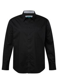 Camicia nera a maniche lunghe con bottoni, realizzata in tessuto morbido, caratterizzata da un colletto a punta, tasca frontale e bottoni neri. Design semplice senza motivi.