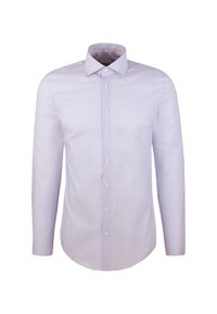 Camicia a maniche lunghe di colore azzurro chiaro con un motivo testurizzato, chiusura con bottoni, colletto a punta e orlo curvo. Realizzata in tessuto traspirante.
