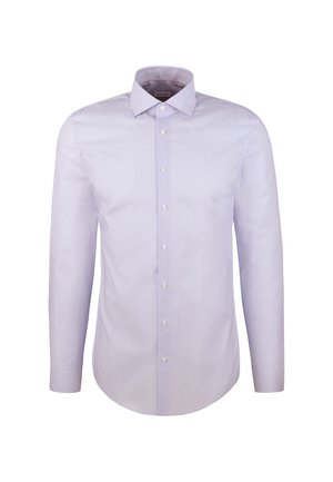 Hellblaues Langarmhemd mit strukturiertem Muster, Knopfleiste vorn, spitzem Kragen und abgerundetem Saum. Aus atmungsaktivem Stoff gefertigt.