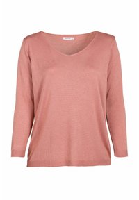 Maglione lavorato a maglia rosa chiaro a maniche lunghe con scollo a V e polsini a costine. Morbida texture con una vestibilità comoda e senza motivi o dettagli visibili.