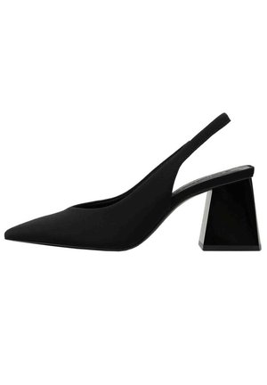 Black slingback high heel featuring a pointed toe and a geometric block heel. Made of smooth material with a sleek, minimalist design.