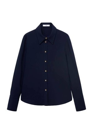 Navy blue long-sleeve shirt with a pointed collar and a front button closure featuring gold-tone buttons along the placket. Smooth texture.