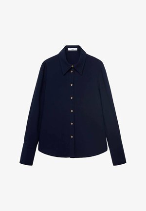 Navy blue long-sleeve shirt with a pointed collar and a front button closure featuring gold-tone buttons along the placket. Smooth texture.