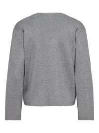 Pull tricot gris uni gris à manches longues, vu de dos avec un col rond et des détails côtelés aux épaules.