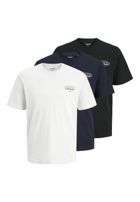 Tres camisetas de algodón en blanco, marino y negro. Cada una tiene un cuello redondo y mangas cortas, con un pequeño logotipo en el lado izquierdo del pecho.