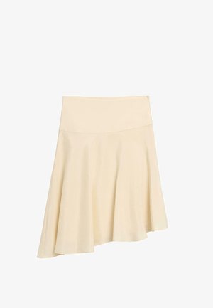 Béžová asymetrická sukně s vysokým pasem a volánkovým, rozšířeným lemem.