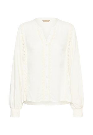 Weiße Bluse mit langen Ärmeln und feiner Textur, Knopfleiste vorne und Spitzenbesatz entlang des Ausschnitts und der Knopfleiste. Weicher Stoff mit gerafften Bündchen.