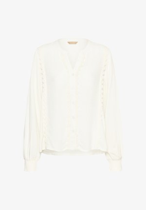 Weiße Bluse mit langen Ärmeln und feiner Textur, Knopfleiste vorne und Spitzenbesatz entlang des Ausschnitts und der Knopfleiste. Weicher Stoff mit gerafften Bündchen.