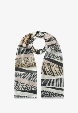 Écharpe légère avec des motifs variés d'imprimés animaliers en beige, noir, blanc et tons roses doux, disposés en bandes horizontales.