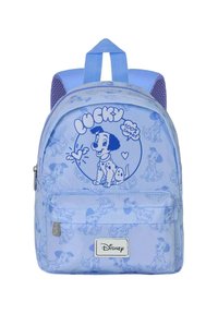 Lichtblauwe Disney rugzak met een cartoon Dalmatische puppy, tekst 'Lucky 100% Sweet', voorvak en gevoerde schouderbanden.