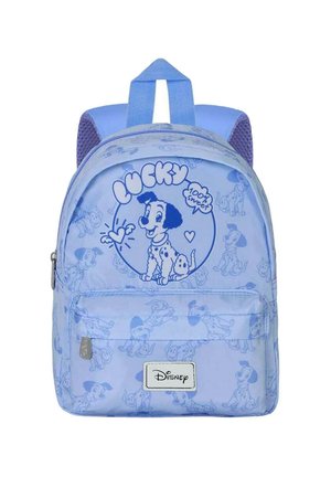 Mochila Disney de color azul claro con un cachorro dálmata de dibujos animados, texto "Lucky 100% Sweet", bolsillo frontal y correas de hombro acolchadas.