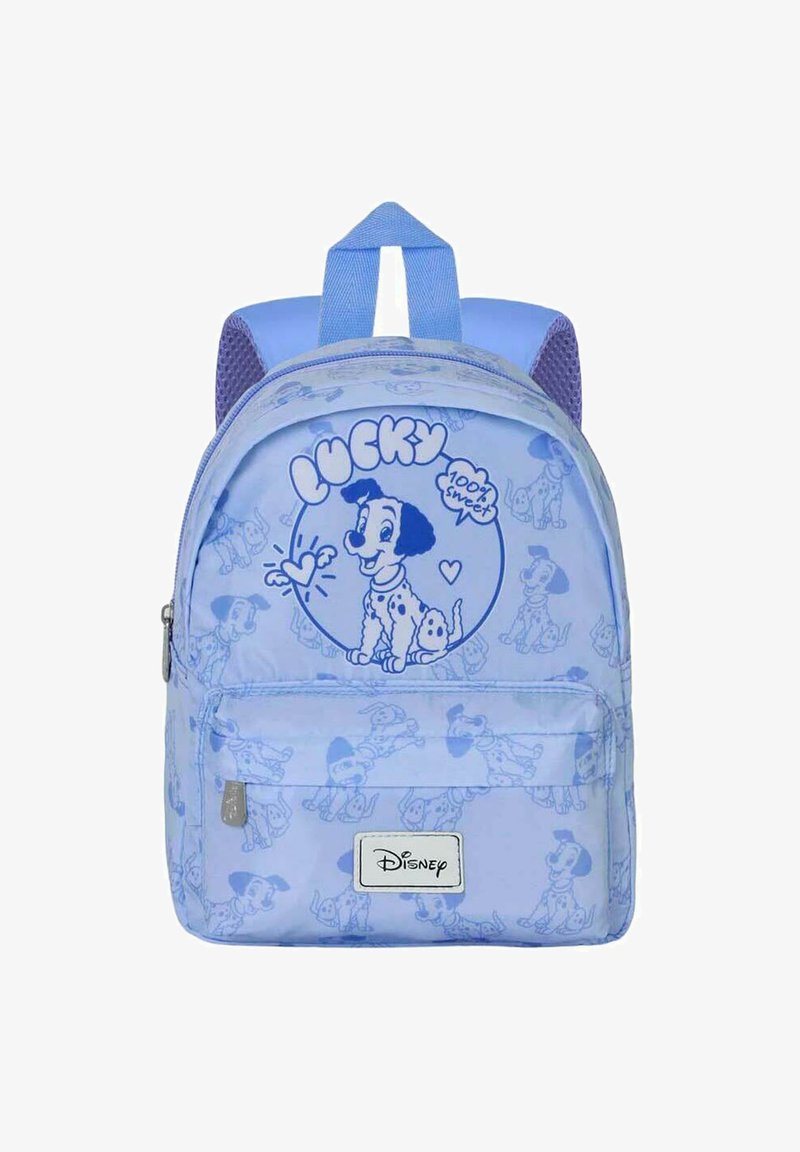 Lichtblauwe Disney rugzak met een cartoon Dalmatische puppy, tekst 'Lucky 100% Sweet', voorvak en gevoerde schouderbanden.