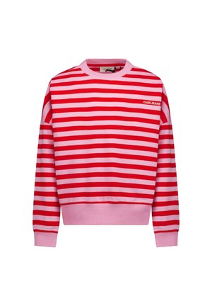 Roze en rode horizontaal gestreepte sweatshirt met ronde hals, geribbelde manchetten en "CARS JEANS" logo op de borst.