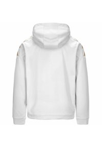 Felpa bianca con cappuccio, tessuto morbido, polsini e orlo a costine, presenta dettagli dorati sulle spalle, design minimalista senza dettagli frontali.