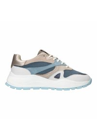 Athletic sneakers featuring a mesh upper in blue and beige, with metallic accents, a white and light blue rubber sole, and reinforced eyelets.