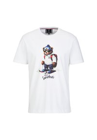 Weißes Baumwoll-T-Shirt mit einem Bären in Skiausrüstung, komplett mit Skibrille und Rucksack, bedrucktes Design darunter mit der Aufschrift "1969 Snowbear."