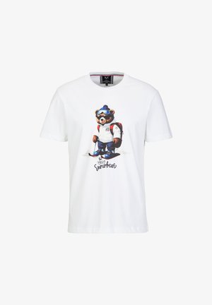 Weißes Baumwoll-T-Shirt mit einem Bären in Skiausrüstung, komplett mit Skibrille und Rucksack, bedrucktes Design darunter mit der Aufschrift "1969 Snowbear."