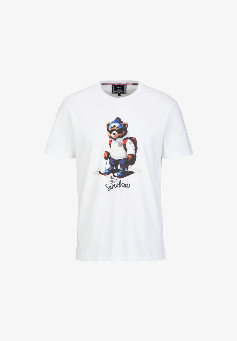 Weißes Baumwoll-T-Shirt mit einem Bären in Skiausrüstung, komplett mit Skibrille und Rucksack, bedrucktes Design darunter mit der Aufschrift "1969 Snowbear."