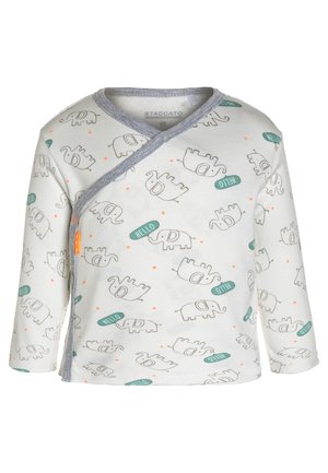 Hvid babyshirt med grå kant, grå elefanttryk over det hele og grønne talebobler med teksten "HELLO," lukning med trykknapper i siden.