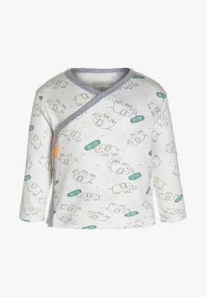 Wit babyshirt met grijze biezen, overal grijze olifantprints en groene tekstballonnen met "HALLO", zijwaartse drukknoopsluiting.