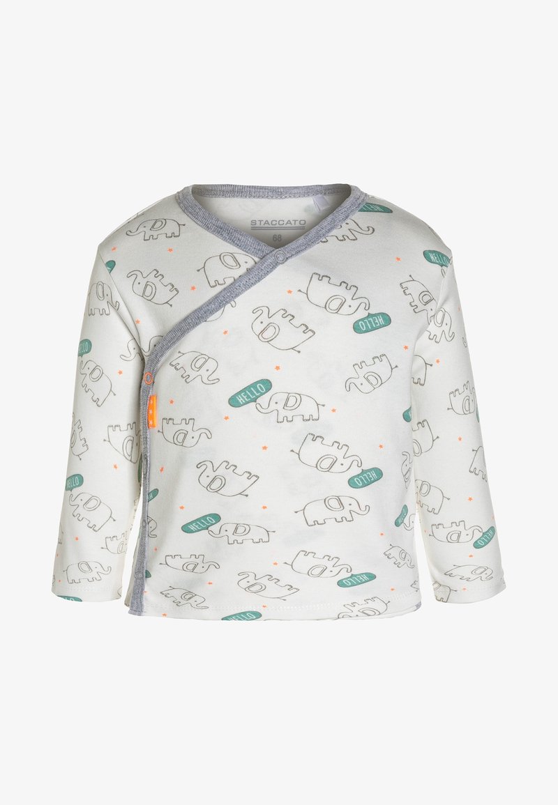 Hvid babyshirt med grå kant, grå elefanttryk over det hele og grønne talebobler med teksten "HELLO," lukning med trykknapper i siden.