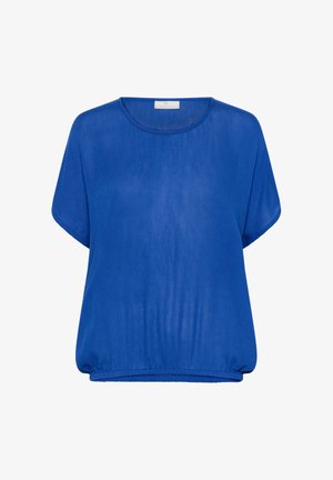 Modra bluzica s kratkimi rokavi, izdelana iz lahkotnega materiala, z okroglo izreza in ohlapnim krojem, ki ima nabran rob za sproščen videz.