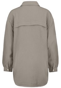 Light gray, long-sleeve shirt with a textured, crinkled fabric. Features a collared neck, button cuffs, and a back yoke for added detail.