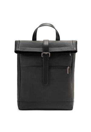 Black backpack made of textured material with a roll-top closure, front zip pocket, and leather accents. Features a padded handle.