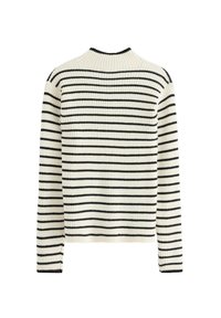 Creme- og sortstribet sweater med ribbet tekstur, høj hals og lange ærmer. Har vandrette striber i forskellige bredder.
