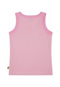 Rosa, ärmelloses Tanktop mit feinen horizontalen Streifen und Rundhalsausschnitt. Hergestellt aus weichem Stoff mit glatter Textur.