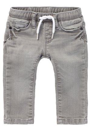 Jean gris pour tout-petit avec taille élastique et cordon blanc, doté de poches avant et de détails cousus.