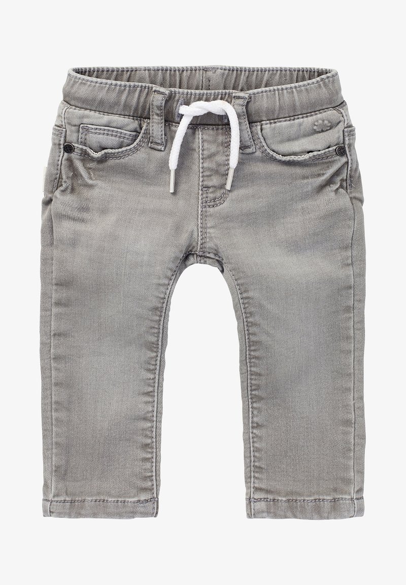 Jean gris pour tout-petit avec taille élastique et cordon blanc, doté de poches avant et de détails cousus.