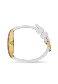 Orologio da polso bianco con cassa dorata, finitura metallica liscia, quadrante rotondo, piccola corona e cinturino flessibile in silicone bianco.