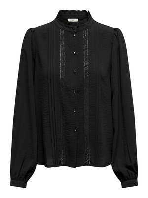 Black long-sleeve blouse with a high ruffled collar, front button closure, pleated design, and decorative lace panels along the center.