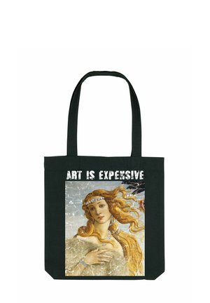 Zwarte stoffen tote bag met een vintage kunstprint van een vrouw met vloeiende haren en de tekst "KUNST IS DUUR" in witte, vetgedrukte letters.