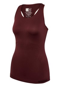 Débardeur de sport bordeaux sans manches avec design dos nageur, coupe sans coutures, et logo "hummel" à l'ourlet inférieur.