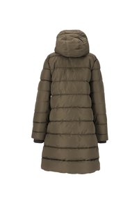 Giacca a vento color verde oliva con cappuccio, caratterizzata da motivi a trapunta orizzontali, polsini elastici e una silhouette rilassata.