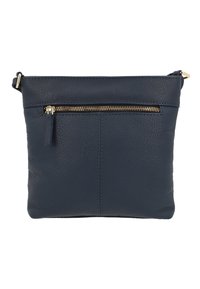 Borsa a tracolla in pelle blu navy con superficie texture, dotata di tasca con zip dorata, parte superiore liscia e forma rettangolare semplice.